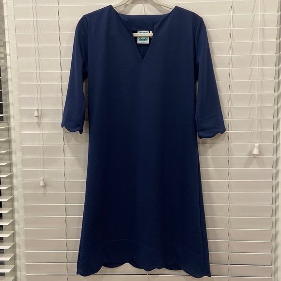 Vera Fishbaugh Navy Blue Understated Elegant Dress w/ Detail on Sleeves/Hem szS - Picture 1 of 9